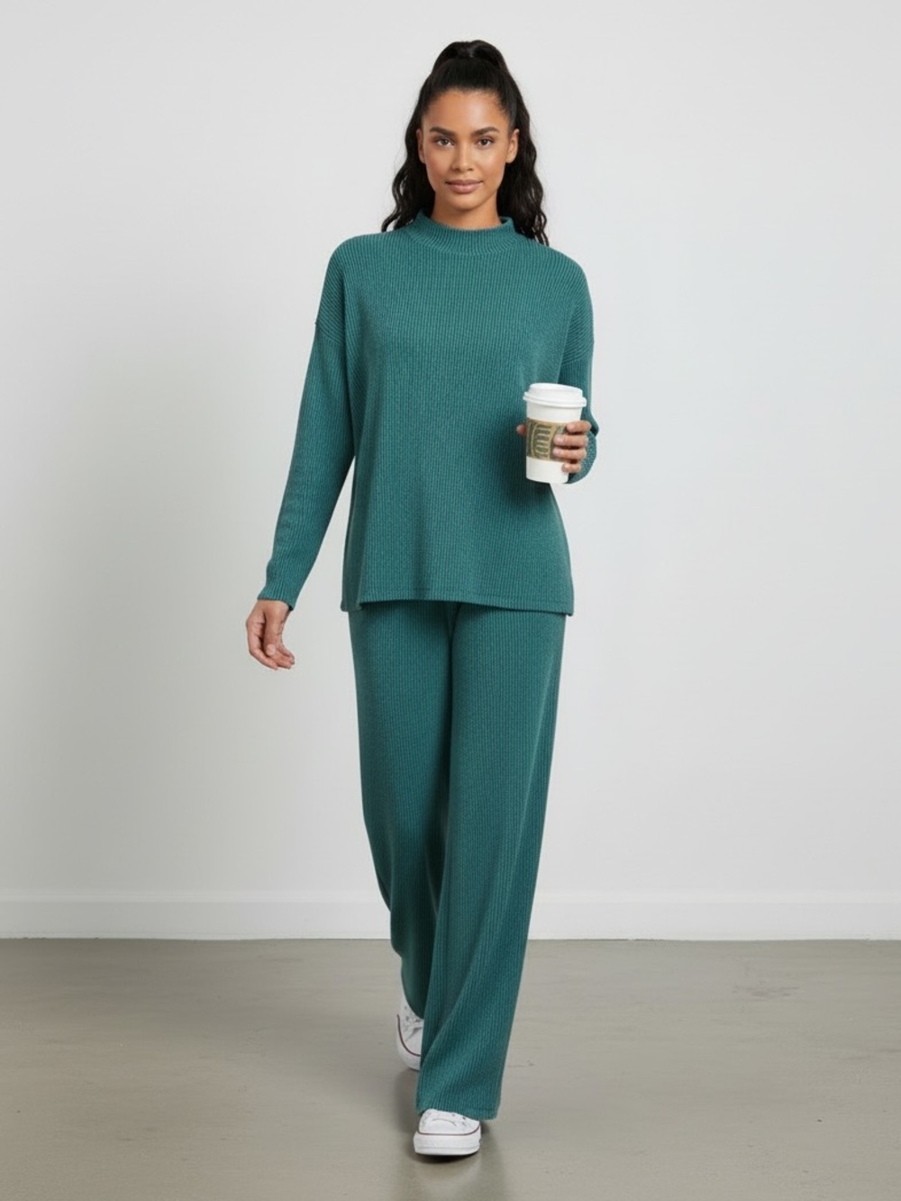 1632 • Teal Soft Stretch Textured Wavy Ribbed Relaxed Fit Long Sleeve Lounge Set